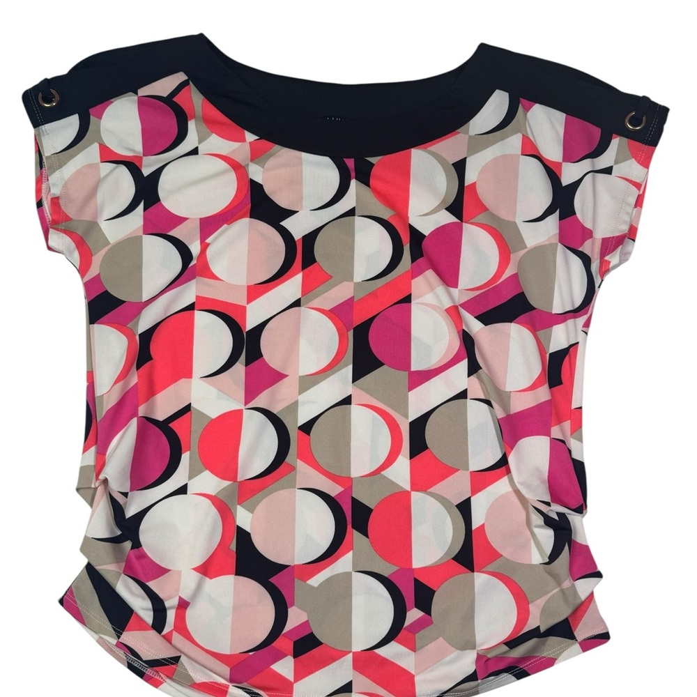 A.U.W Women’s Geometric‎ Print Top L Short Sleeve Pink Black Beige Circles
